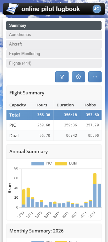 online pilot logbook flight summary dashboard on mobile